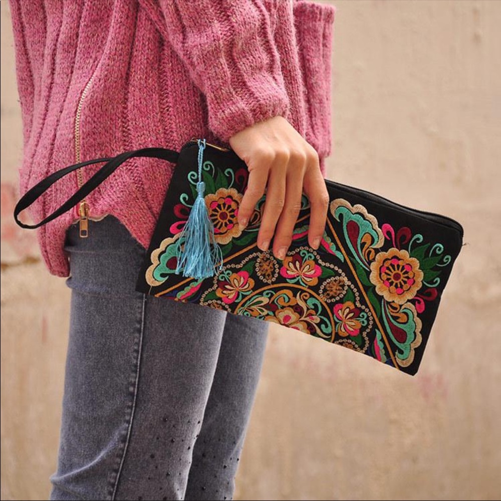 Colorful Floral Embroidered Pink Tassel Wristlet - Picture 11 of 15